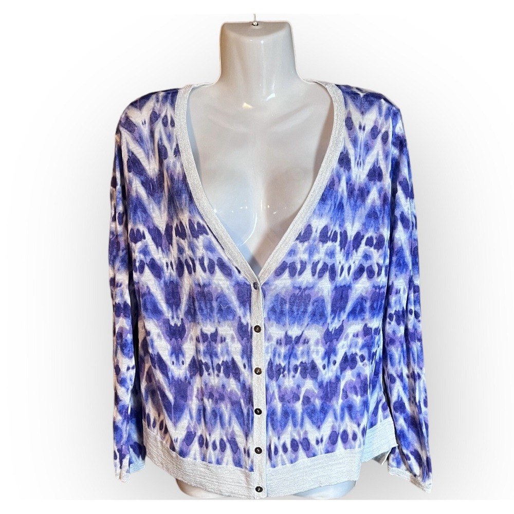 Chico's Womens Shine‎ Sheer Cardigan Sweater Sz Med White Silver Purple Sparkle
